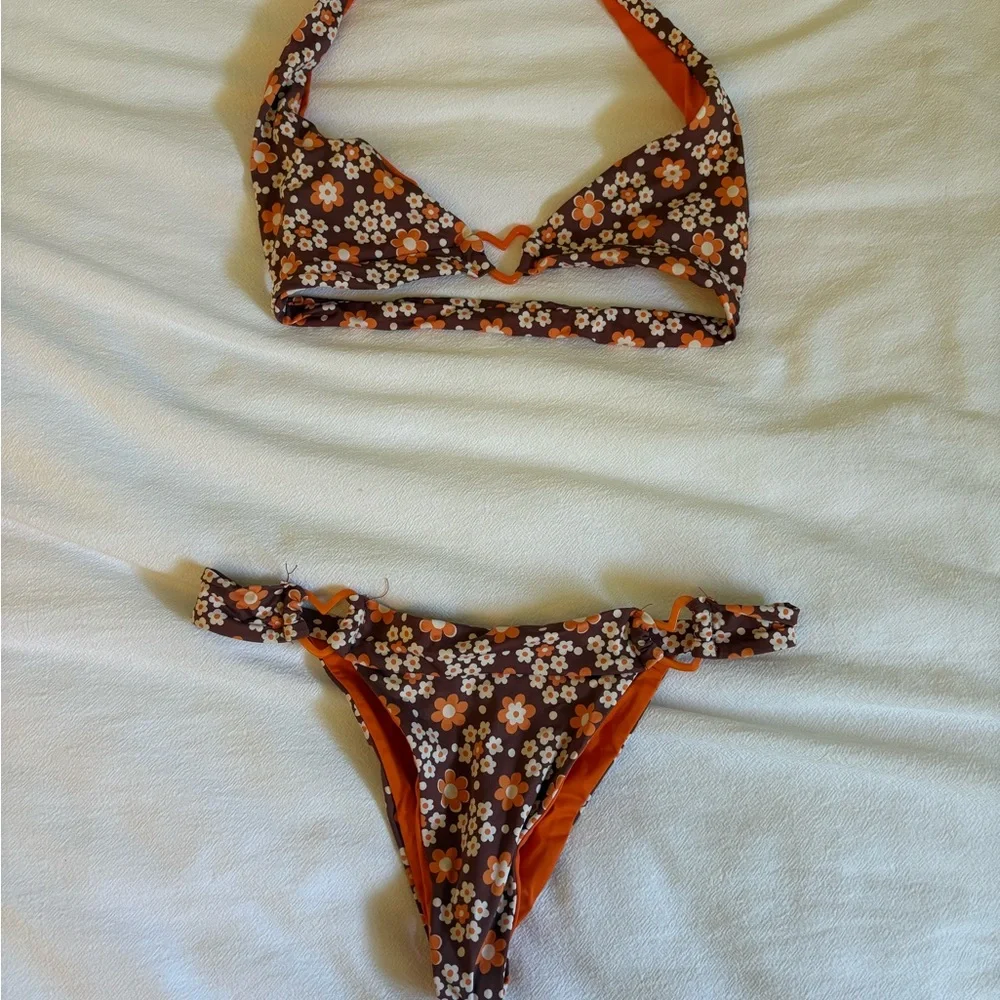 Frankie’s Bikinis Floral Brown & Orange Two-Piece Bikini - Picture 1 of 4